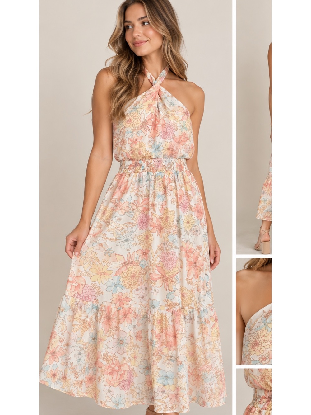 Maurices XS Floral Halter Midi Dress Smocked Waist Pastel Boho Sundress